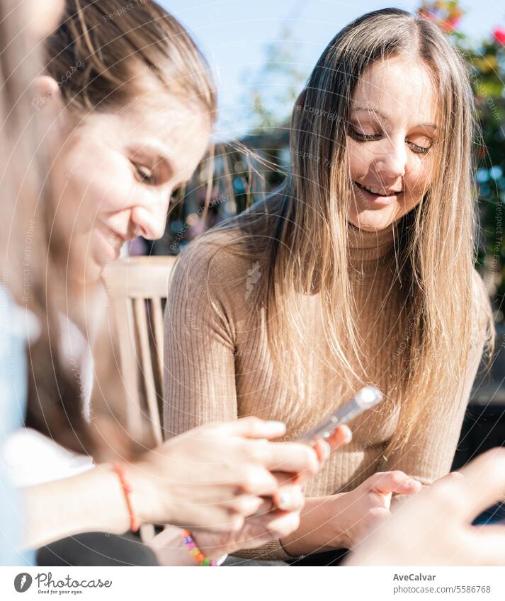 College-Mädchen, die eine Pause vom Lernen machen und Nachrichten auf ihren Handys zeigen, während sie sich unterhalten und lachen. Menschengruppe Schüler