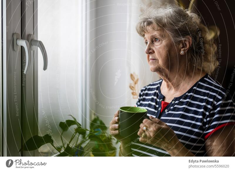 Porträt einer älteren Frau, die durch ein Fenster schaut echte Menschen Senior reif Kaukasier heimwärts Haus alt Alterung häusliches Leben Großmutter Rentnerin