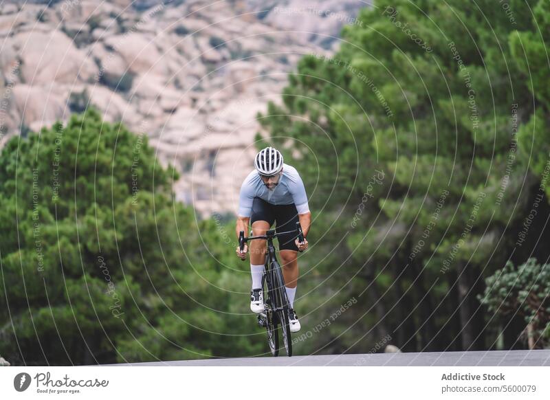 Mountainbike-Ansatz Radfahrer Fahrrad Berge u. Gebirge Straße blau Trikot Schutzhelm Kiefer Baum im Freien Sport nähern Fitness Natur Mitfahrgelegenheit