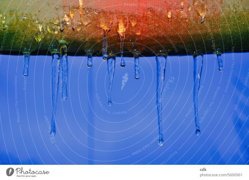 Winterbunt mit Eiszapfen an gefrorener Markise, eiskalt erwischt. Kälte Frost Schnee blau weiß frieren Winterstimmung Wasser Umwelt winterlich frostig Natur