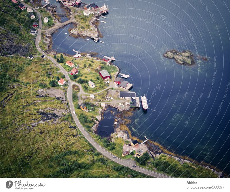 Zusammenhänge Natur Landschaft Küste Fjord Meer See Fischerdorf Menschenleer Haus Verkehr Verkehrswege Autofahren Straße Wege & Pfade Wegkreuzung