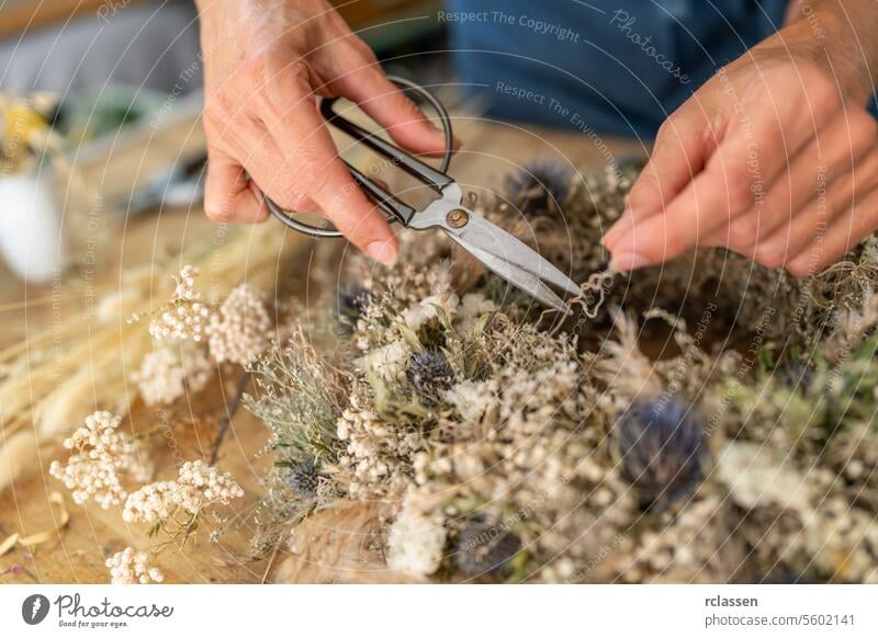 Hände, die mit einer Schere einen Kranz aus Trockenblumen auf einem hölzernen Werkstatttisch zurechtschneiden Trimmen Holztisch Floristik Basteln diy botanisch