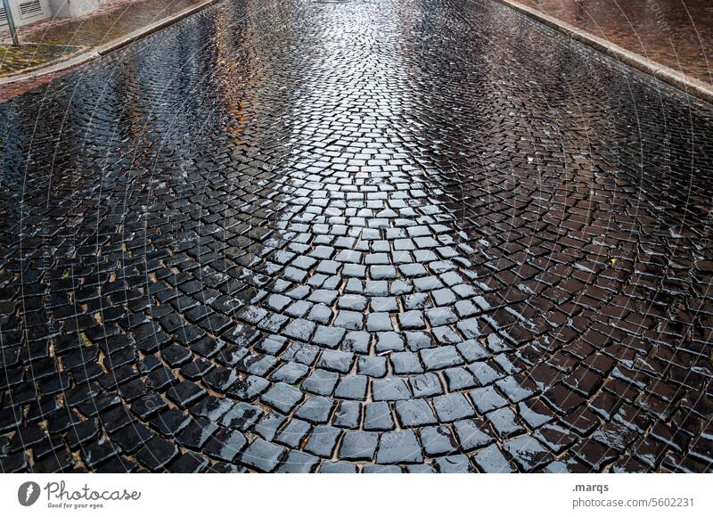 Nasses Pflaster Pflastersteine nass Kopfsteinpflaster Straße Verkehrswege Menschenleer feucht Regen Strukturen & Formen Stein Wasser Reflexion & Spiegelung