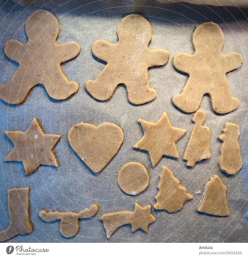 Rohe Plätzchen auf Backpapier bereit für den Ofen Keks Teigwaren roh Plätzchenteig backen Plätzchen ausstechen Weihnachten & Advent Weihnachtsgebäck