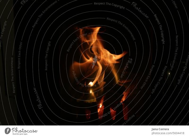 Holzfeuer brennt im Kaminofen feuer und flamme anzünden brennen Brennholz flammen Flamme kaminofen Feuerstelle Weihnachsstimmung Wärme warm orange Hitze Brand