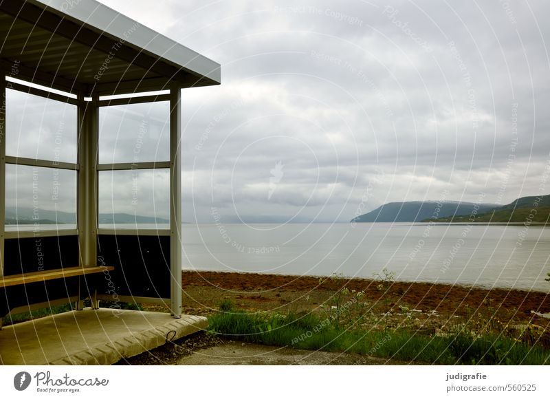 Norwegen Umwelt Natur Landschaft Wasser Himmel Wolken Klima Küste Fjord Meer Bushaltestelle Verkehrsmittel Öffentlicher Personennahverkehr Busfahren