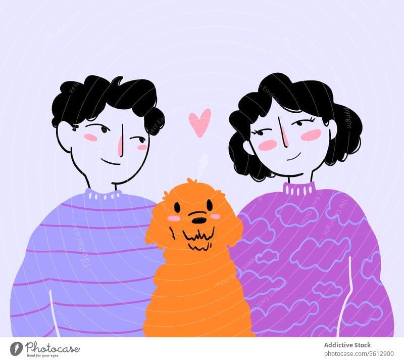 Romantisches Paar mit Haustier Hund gegen weißen Hintergrund Grafik u. Illustration Glück romantisch orange Liebe Frau Lifestyle heimisch Freizeit Bonden