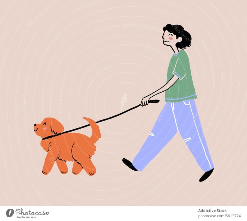 Cartoon Frau mit Hund an der Leine Karikatur Grafik u. Illustration anleinen Besitzer schlendern Spaziergang Eckzahn Freund Lächeln Glück jung gewelltes Haar