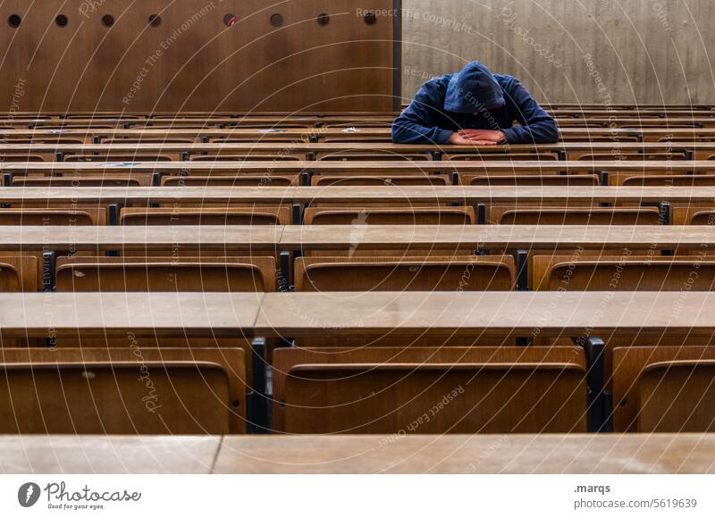 Leistungsdruck Stress sitzen Junger Mann Mensch Karriere Hörsaal Student Studium lernen Erwachsenenbildung Bildung schlafen Prüfung & Examen Konzentration