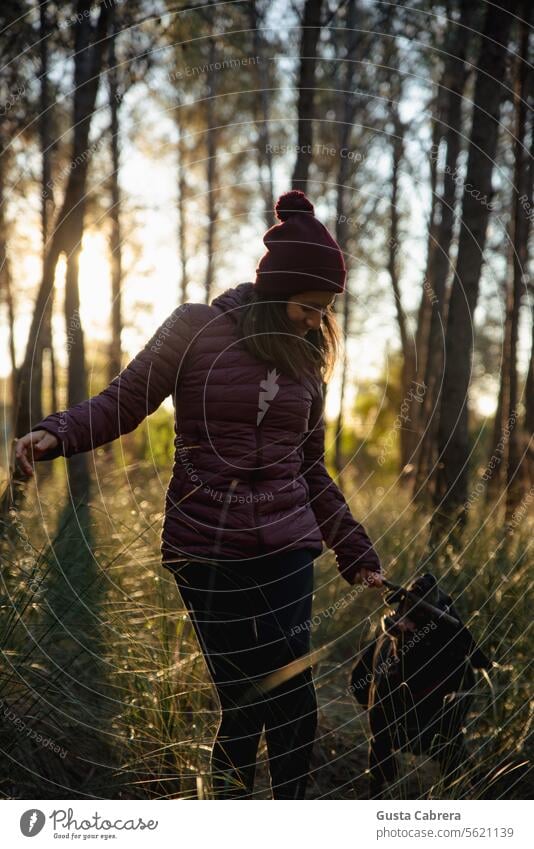 Eine Frau genießt ihr Haustier bei ihrem täglichen Spaziergang. Hund genießen das Leben genießen Wald Bäume Bäume Wald Bäume im Hintergrund Umwelt Außenaufnahme