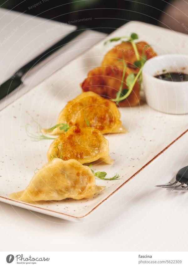 Gyoza oder Jiaozi Traditionelles asiatisches Essen jiaozi Lebensmittel Chinesisch Knusprig Hintergrund Fisch Küche traditionell Snack Mittagessen Speise