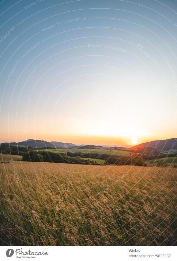 Getreidefeld bei Sonnenuntergang mit blauem Himmel in den Beskiden, Tschechische Republik Sonnenstrahlen außerhalb beskydische Berge Stille romantisch