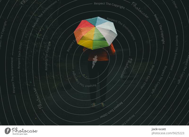 [HH Unnamed Road] sichtbarer sein zur dunklen Zeit Regenschirm Rückansicht Frau Lifestyle farbenfroh dunkel Low Key Hintergrund neutral Dunkelheit Erscheinung