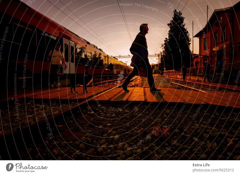 Personenzug ist auf dem Bahnsteig Bahnhof, Menschen zu Fuß in Eile, Sonne im Gegenlicht angekommen Ankunft ankommen Hintergrundbeleuchtung hintergrundbeleuchtet