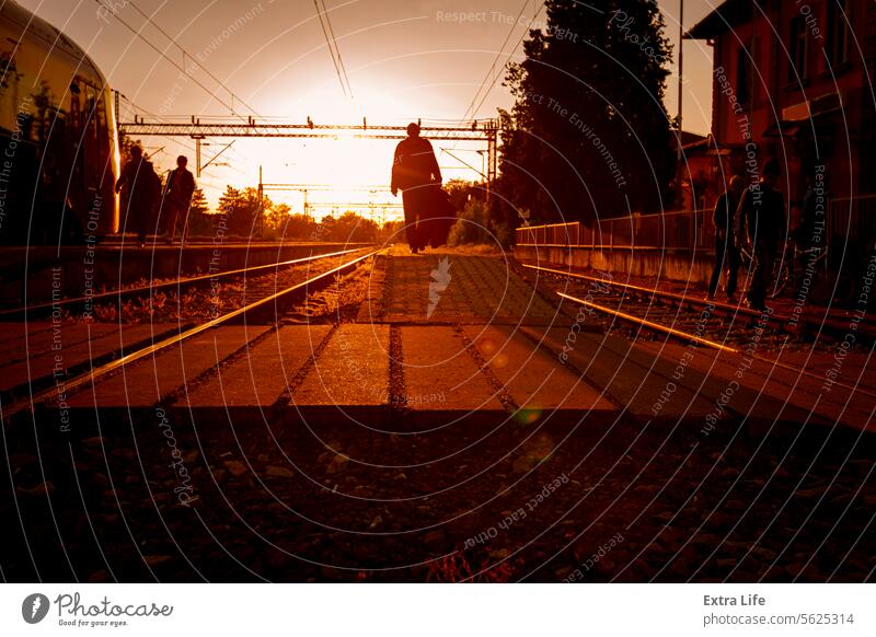 Personenzug ist auf dem Bahnsteig Bahnhof, Menschen zu Fuß in Eile, Sonne im Gegenlicht angekommen Ankunft ankommen Hintergrundbeleuchtung hintergrundbeleuchtet