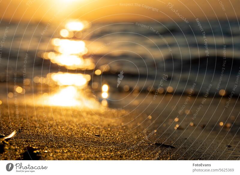 Sandstrand mit unscharfem Hintergrund, mit untergehender Sonne und Bokeh Ansicht Unschärfe Textfreiraum Landschaft Windstille Saison Natur