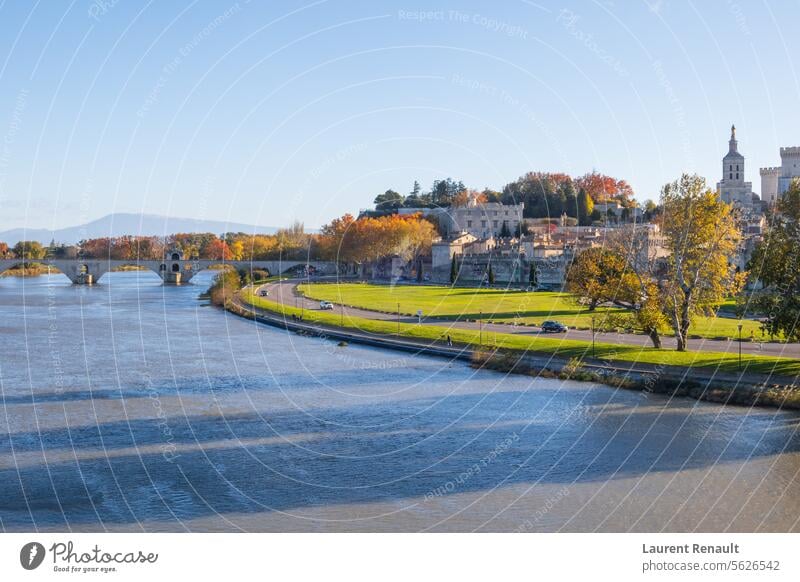 Avignon Stadt und seine Brücke über Rhone Fluss, im Herbst. Fotografie aufgenommen in Frankreich antik Architektur Burg oder Schloss Großstadt Ausflugsziel