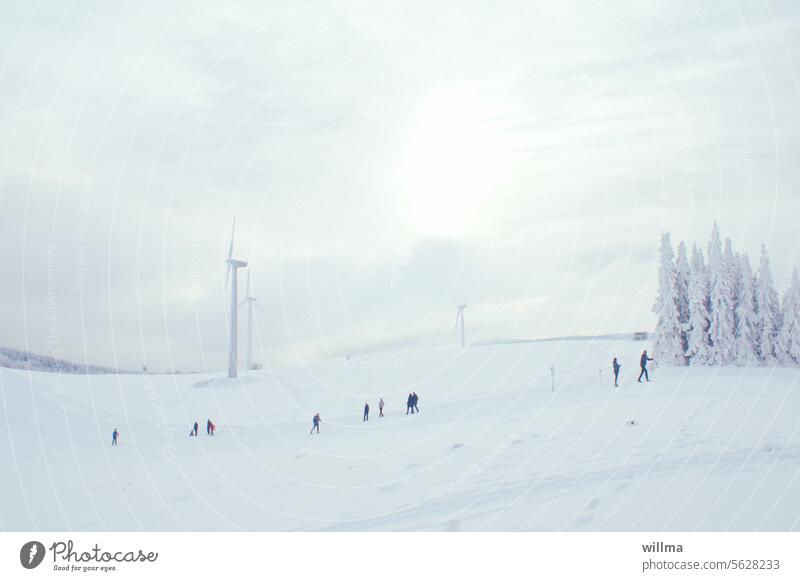 www.wie windrad-wandern-winterwald.de Winter Schnee Winterlandschaft Windräder Hügel Menschen Schneeschuhfahrer Winterwandern Schneeschuhfahren Langlauf