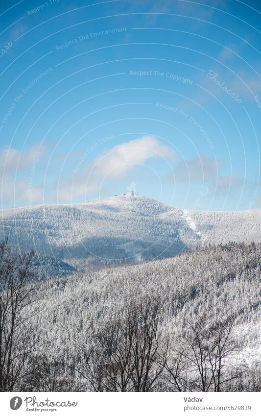 Winterlandschaft mit Sonnenstrahlen, die sich auf dem glitzernden Schnee spiegeln. Sonnenaufgang in einer verschneiten Wildnis und einem Waldgebiet. Beskiden, Tschechische Republik