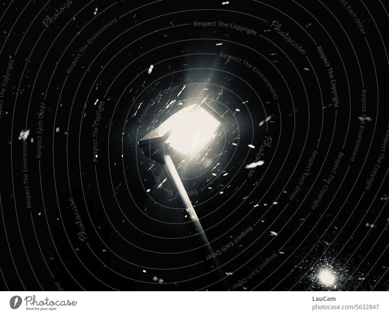 Schräger Schneefall schneien Winter Niederschlag Laterne Laternenlicht Schneegestöber Schneetreiben winterlich Winterzeit Wetter Wetterkapriolen Jahreszeiten