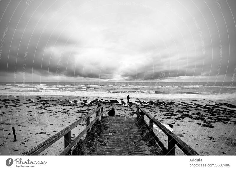 Steg an der stürmischen Ostsee s/w Meer Wolken Strand Wellen Küste Himmel Wasser Horizont Ferien & Urlaub & Reisen Landschaft Sand Tourismus Menschenleer Ferne