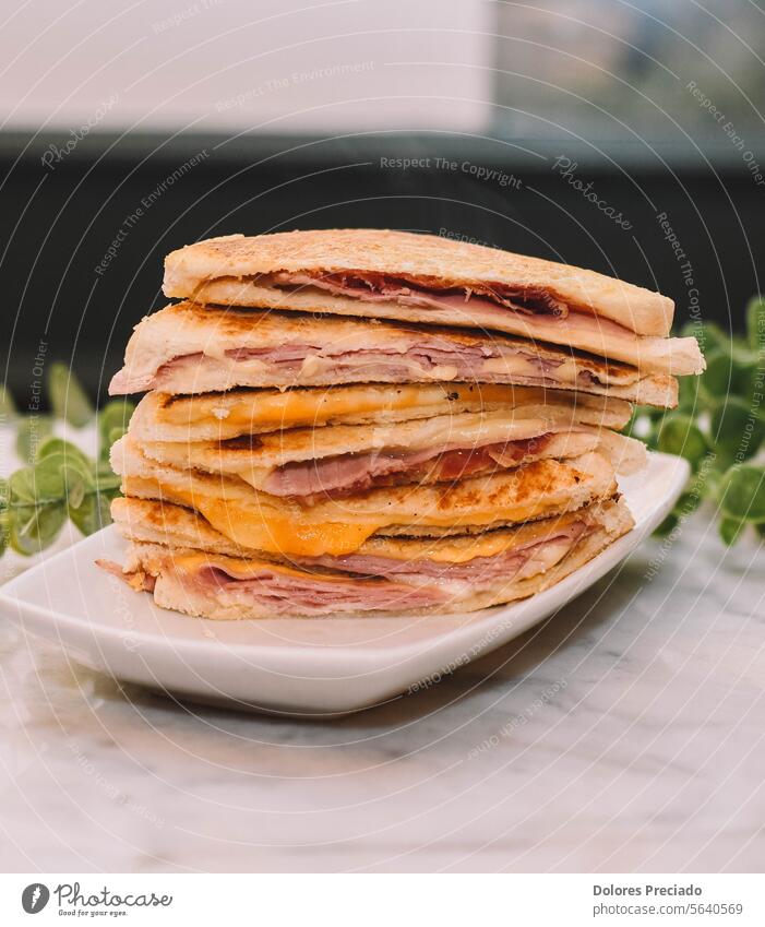 Warmes Schinken-Käse-Sandwich, getoastet mit Butter auf Brot appetitlich backen Bäckerei Bikini Frühstück Brunch Nahaufnahme Kruste knusprig Küche kulinarisch