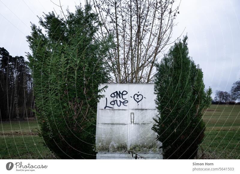 Stromkasten mit aufgemaltem Herz und Aufschrift für Vielfalt, Offenheit und Toleranz one love Freiheit Graffiti Botschaft öffentlich Liebe Schriftzeichen Symbol