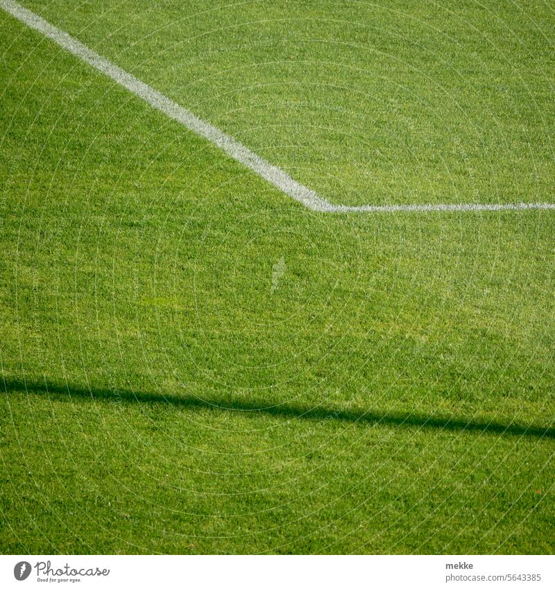 Schwarze Linie trifft weiße Ecke auf grünem Gras Sport Spielfeld Spielfeldbegrenzung Winkel Arena Sportplatz Schatten Strich Ballsport Sportstätten