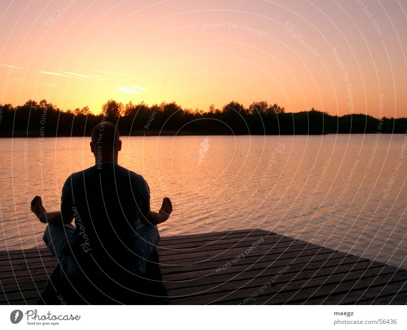 Ommm... See Steg Holz Sonnenuntergang Abend gelb rosa violett Meditation ruhig Außenaufnahme Langzeitbelichtung Himmel Schönes Wetter orange Mensch chillin