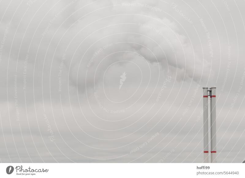 grau in grau mit hoher Schornstein und Emission Erneuerbare Energie Abgas Wasserdampf Industrieanlage Kohlekraftwerk Energiewirtschaft Umweltverschmutzung