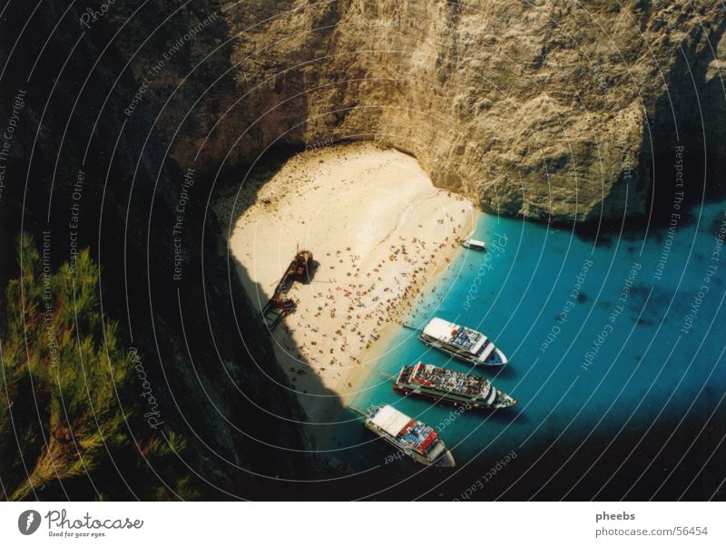 wrack Zakinthos Felswand türkis Wasserfahrzeug grün beige Baum Ferien & Urlaub & Reisen blaue grotte Bucht Felsen Mensch Schwimmen & Baden Sand Ast holiday