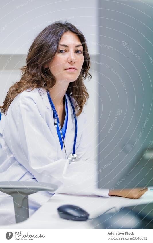 Junge Ärztin in Uniform mit Stethoskop und Blick in die Kamera Frau Arzt medizinisch Klinik Krankenhaus Spezialist Krankenpfleger Gesundheitswesen arzt Medizin