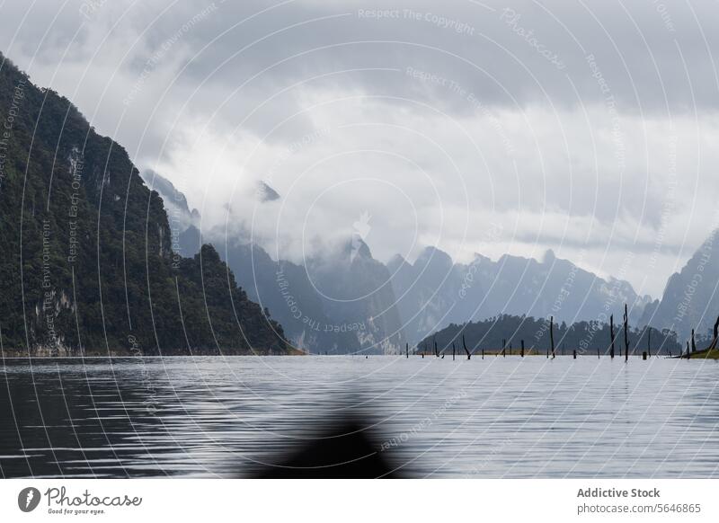 Cheow Lan See umgeben von Bergen an einem bewölkten Tag in Thailand Natur Berge u. Gebirge tropisch Park Landschaft Umwelt vegetieren exotisch Khao Sok