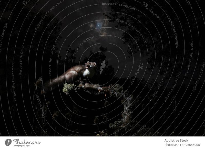 Das mondbeschienene Wiesel in dramatischer nächtlicher Umgebung nachtaktiv Mondschein Rampenlicht Ast Nacht Himmel Natur Tierwelt dunkel Silhouette Baum