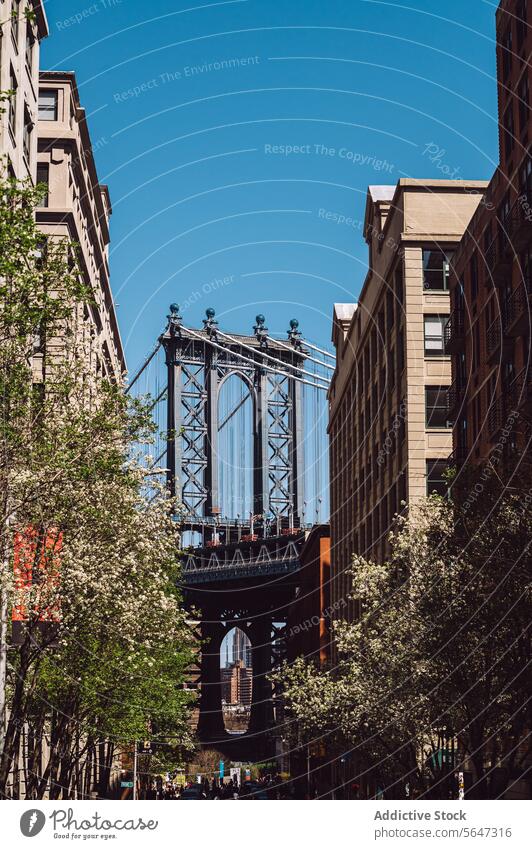 Manhattan Bridge zwischen Gebäuden in Brooklyn Straße Dumbo gerahmt Baustein kultig Stadtbild urban Wahrzeichen Architektur Historie reisen Ausflugsziel