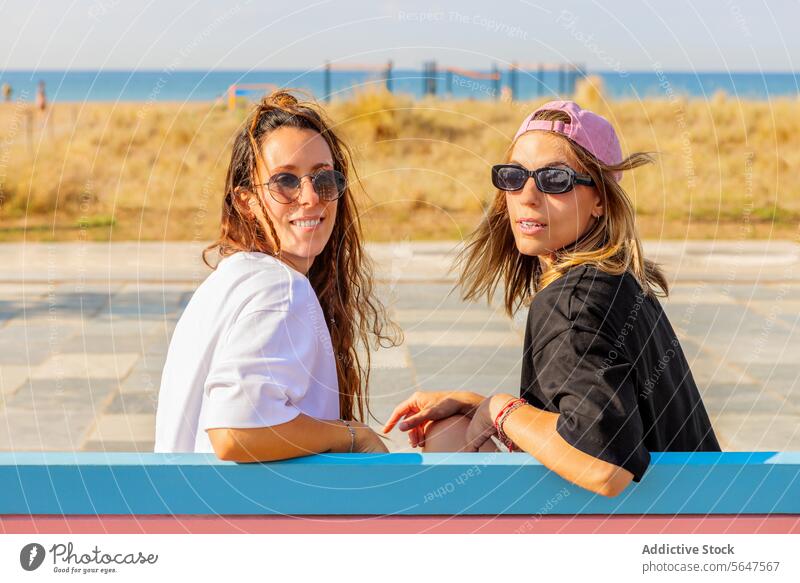 Schöne Frauen tragen im Sommer eine Sonnenbrille Porträt Freund Bank sonnig schön Blick nach hinten Zusammensein Lifestyle Verschlussdeckel Lächeln Unschärfe