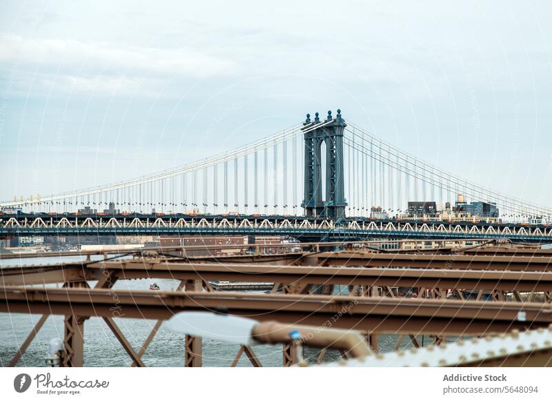 Manhattan Bridge mit der Skyline der Stadt im Hintergrund Brücke Architektur Großstadt Fluss Wahrzeichen urban Turm Gebäude historisch Transport Stahl Himmel