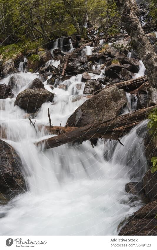 Malerischer Blick auf einen durch Felsen fließenden Fluss im Nationalpark Wasserfall Kaskade Bewegung Baum Wald malerisch strömen Natur erstaunlich Spanien