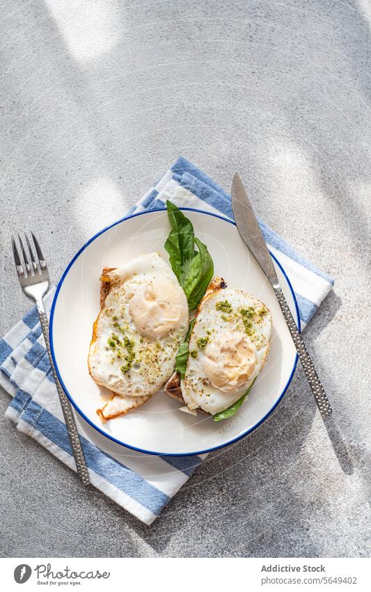 Teller mit einer gesunden Mahlzeit aus Toast mit Spiegeleiern, Blattspinat und Soße Saucen Gesundheit Zuprosten Pesto Frühstück Kraut dienen lecker grün frisch