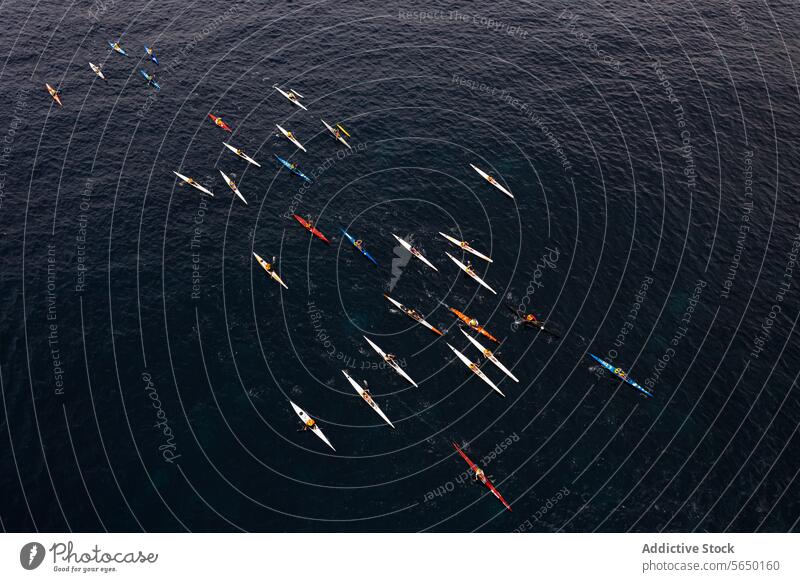 Luftaufnahme von Kajakfahrern, die in Formation auf dem Meer paddeln Paddeln MEER Wassersport ruhiges Meer Kanu Natur Menschengruppe Outdoor-Aktivität Abenteuer