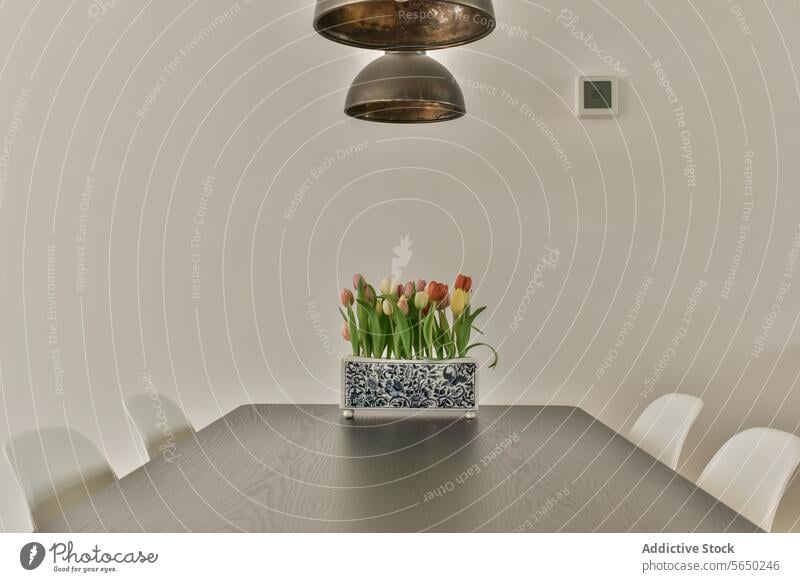 Frische Tulpenblüten in Vase auf Esstisch Blume Esszimmer Tisch Pendelleuchte Wand weiß Stuhl Thermostat Appartement modern frisch Licht Raum Möbel heimwärts