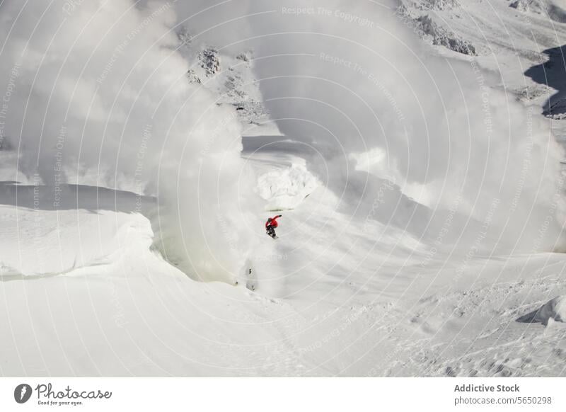 Aktive Person beim Snowboardfahren in verschneiter Landschaft Snowboarding Schnee Baum Winter Feiertag von oben Japan anonym sorgenfrei aktiv Snowboarder