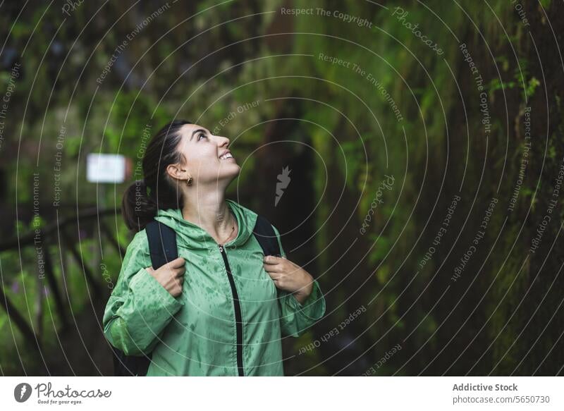 Lächelnde junge Frau in grünem Regenmantel, die beim Wandern an einer mit Moos bewachsenen Klippe nach oben schaut wandern aufschauend Nachlauf Wald deckend