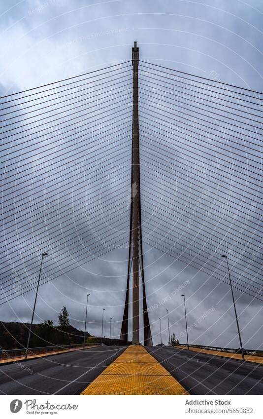 Moderne Schrägseilbrücke an einem bedeckten Tag Brücke kabelgebundene modern architektonisch Design Infrastruktur rot Kabel Perspektive Ansicht Konstruktion