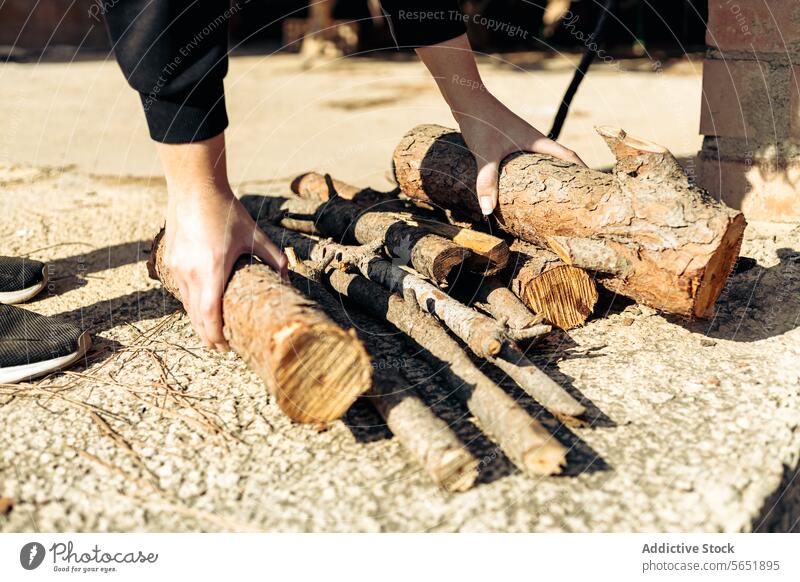 Person, die Brennholz auf Betonboden organisiert Hand Totholz Boden Ordnung sonnig geschnitten Holz Mauerwerk Hintergrund Tageslicht manuell Wehen Arbeit