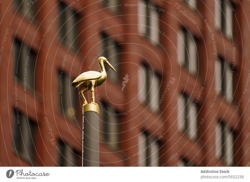 Goldene Storchenskulptur auf einem Pfosten mit einem unscharfen Hintergrund aus Backsteingebäuden, die Den Haag symbolisieren Bildhauerei golden Beitrag