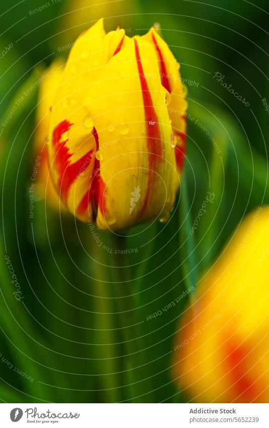 Gelbe Tulpen mit roten Streifen und Tautropfen, die sich in einem leuchtenden Tulpenfeld in den Niederlanden abheben gelbe Tulpen rote Streifen pulsierend Feld