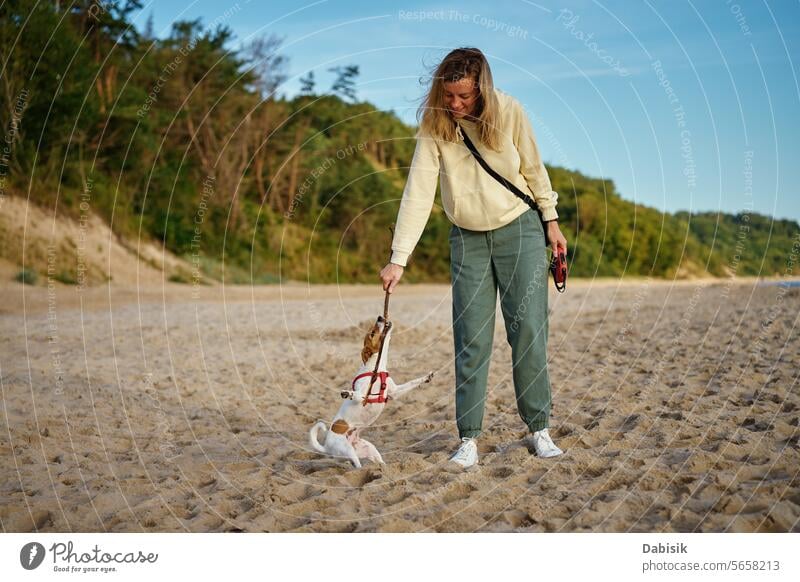 Frau und ihr Hund haben Spaß am Sandstrand Tier Haustier laufen Spielen Strand reisen MEER aktiv Sommer Natur Liebe Glück Spaß haben rennen Lifestyle Training