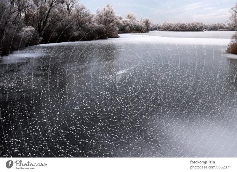 weiter zugefrorener See vereist Winter Eis Natur Eisfläche Kälte kalt Wasser Winterstimmung eisig eiskalt Fluss zugefrorener see Minusgrade Winterstille