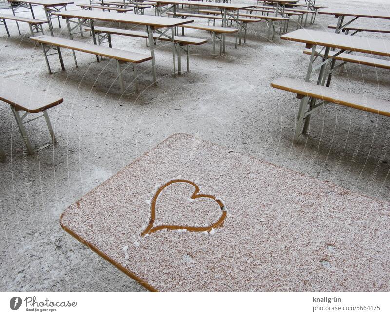 Winterliches Herz Liebe Schnee kalt Außenaufnahme Biergarten weiß Frost Farbfoto gefroren Menschenleer Tag frieren Jahreszeiten Winterstimmung Nahaufnahme